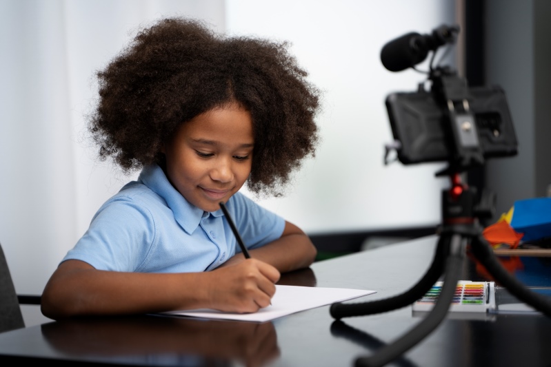 Picture of five (5) girls interacting with an iPad